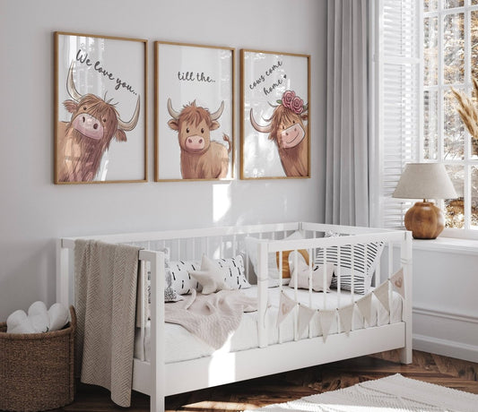 Highland Cow Nursery Prints | Set of 3 | Gender Neutral Wall Art for Baby's Room - RoseRowanDesign - Wall Art