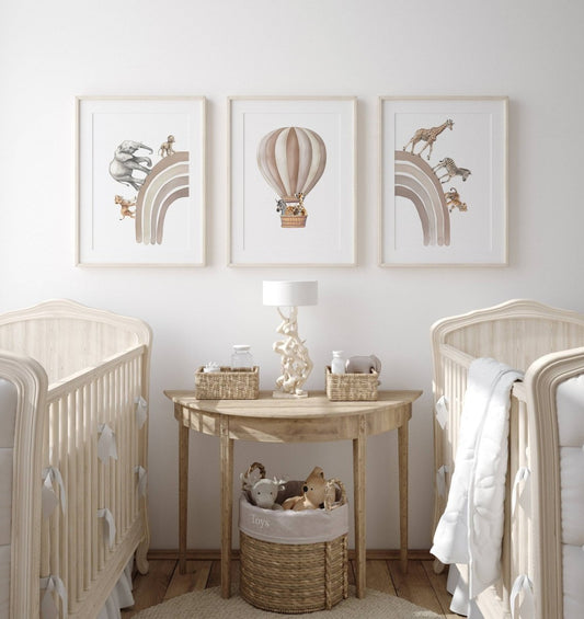 Hot Air Balloon and Rainbow Safari Animals | Beige | Set of 3 Nursery Prints - RoseRowanDesign - 