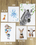 Load image into Gallery viewer, Hot Air Balloon and Rainbow Safari Animals | Pink & Grey | Set of 3 Nursery Prints - RoseRowanDesign - 
