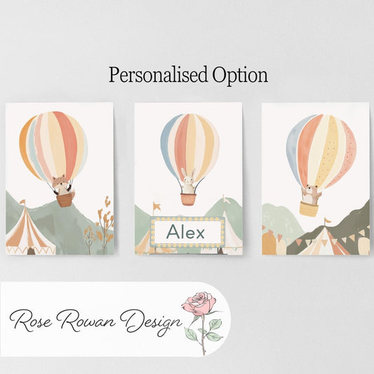 Hot Air Balloon Animals Nursery Prints, Set Of 3 Whimsical Folk Decor, Kids Wall Art Unisex Optional Frame, Personalised Playroom Posters - RoseRowanDesign - 