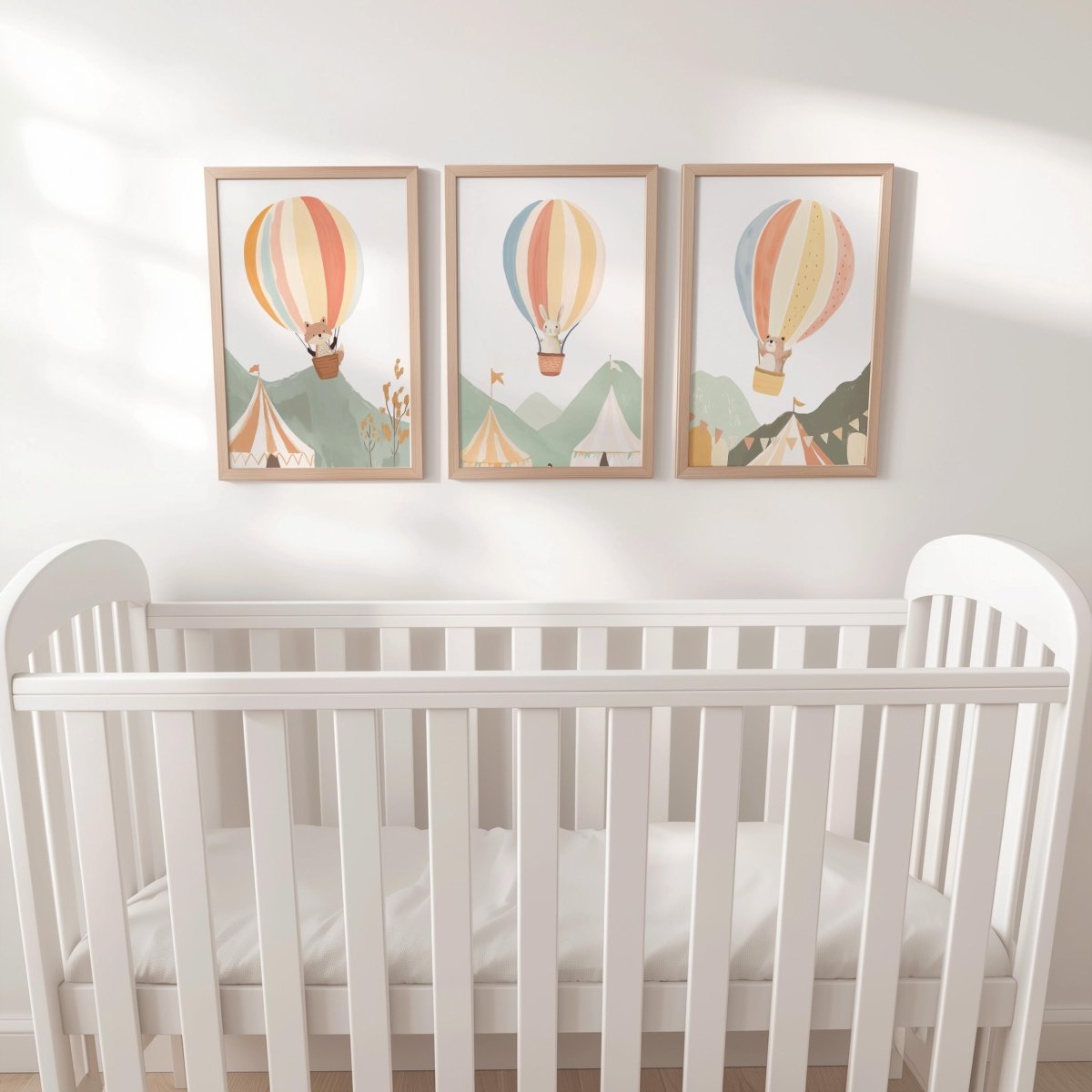 Hot Air Balloon Animals Nursery Prints, Set Of 3 Whimsical Folk Decor, Kids Wall Art Unisex Optional Frame, Personalised Playroom Posters - RoseRowanDesign - 