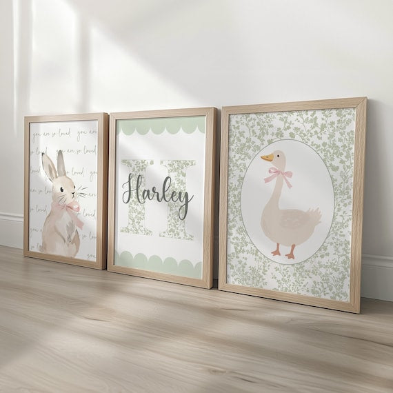 Personalised Green Bunny & Goose Nursery Prints | Set of 3