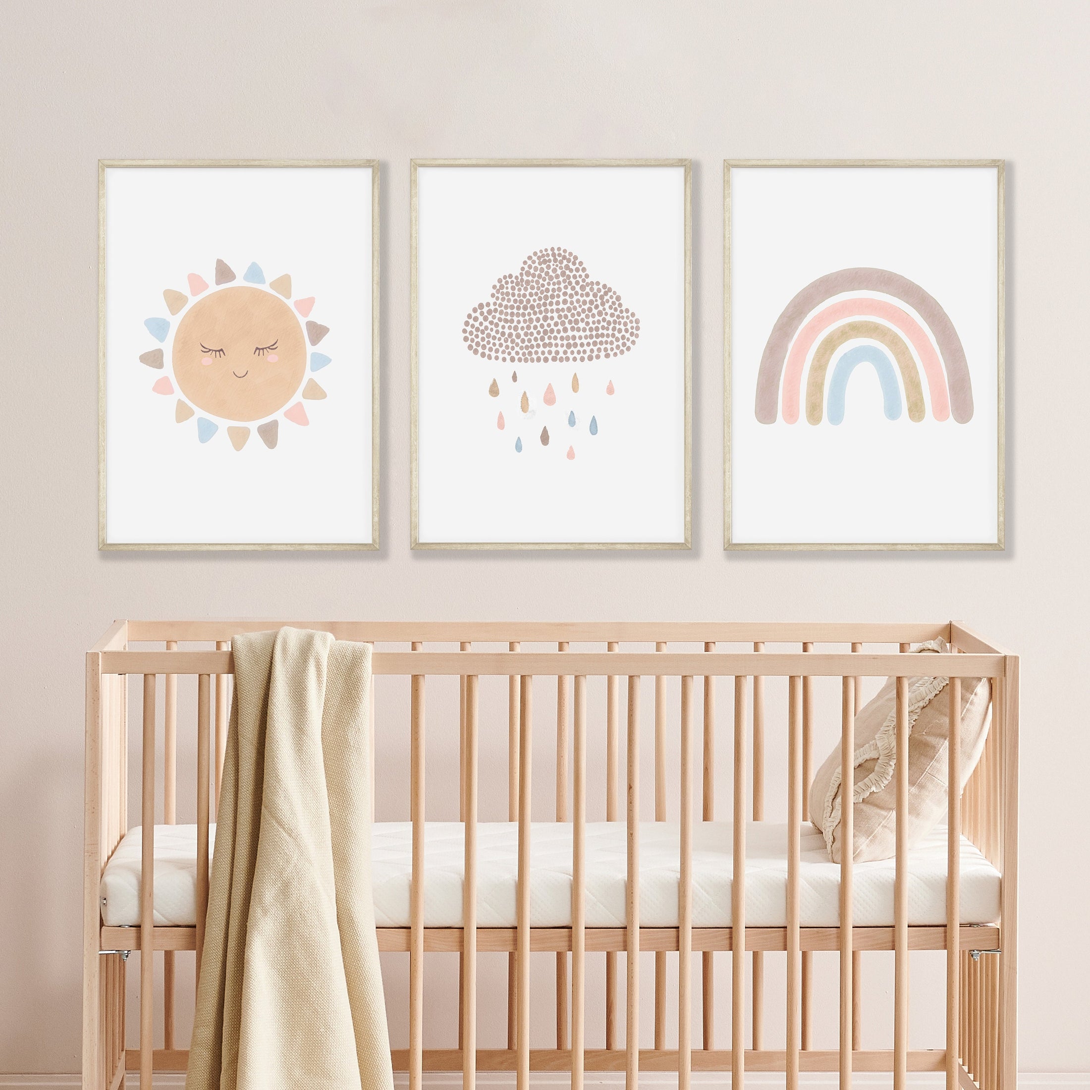 Boho Nursery Prints, Set Of 3 Rainbow Nursery Prints, Sunshine Nursery Prints, Cloud Nursery Wall Art For Baby Girls Bedroom, Neutral Decor