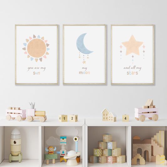 Boho Nursery Prints, Set Of 3 Celestial Nursery Prints, Sun Moon Stars Print, Neutral Nursery Art, Sun Moon Nursery Art For Baby Girls Room