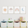 Load image into Gallery viewer, Boho Nursery Prints, Set Of 4 Rainbow Nursery Prints, Weather Nursery Prints, Cloud Nursery Wall Art For Baby Girls Bedroom, Sun and Moon
