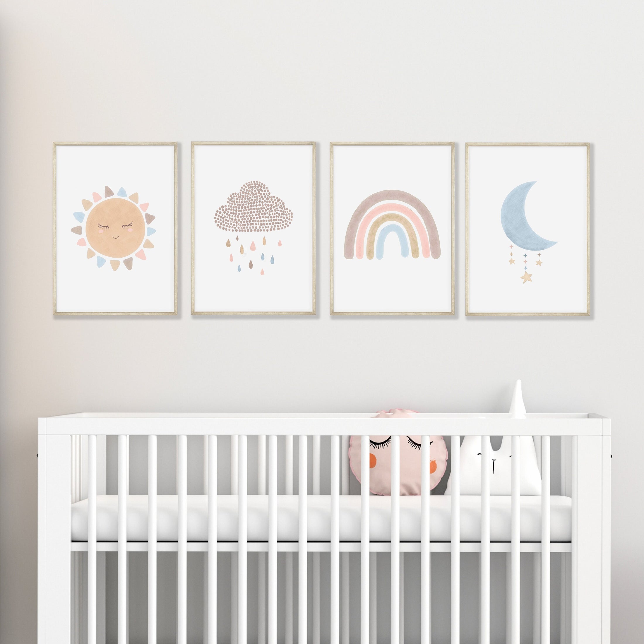 Boho Nursery Prints, Set Of 4 Rainbow Nursery Prints, Weather Nursery Prints, Cloud Nursery Wall Art For Baby Girls Bedroom, Sun and Moon