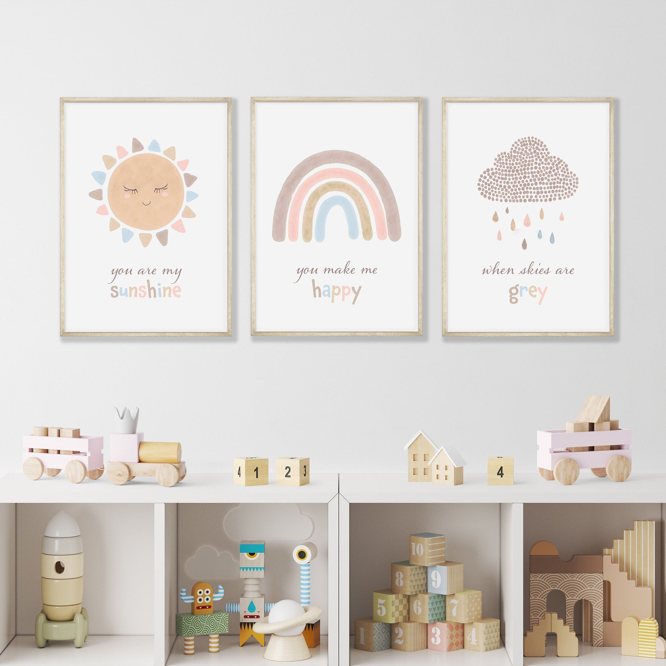 Boho Nursery Prints, Set Of 3 Rainbow Nursery Prints, You Are My Sunshine Print, Neutral Nursery Art, Sun Nursery Art For Baby Girls Room