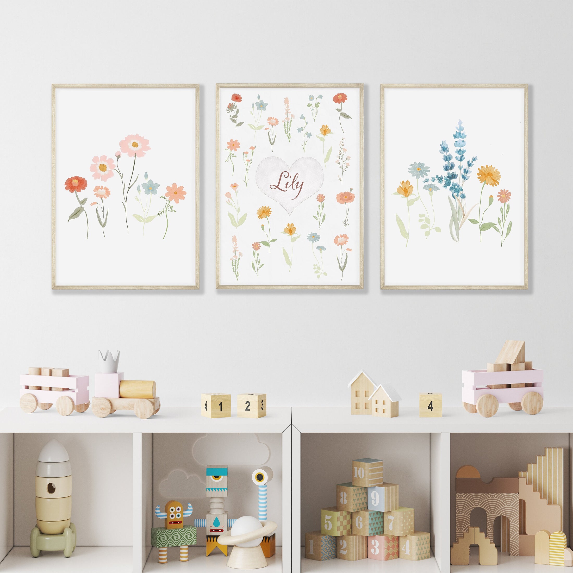 Personalised Name Print, Set Of 3 Wildflower Nursery Prints, floral Nursery Prints, Wild Flower Nursery Wall Art For Baby Girls Boho Bedroom
