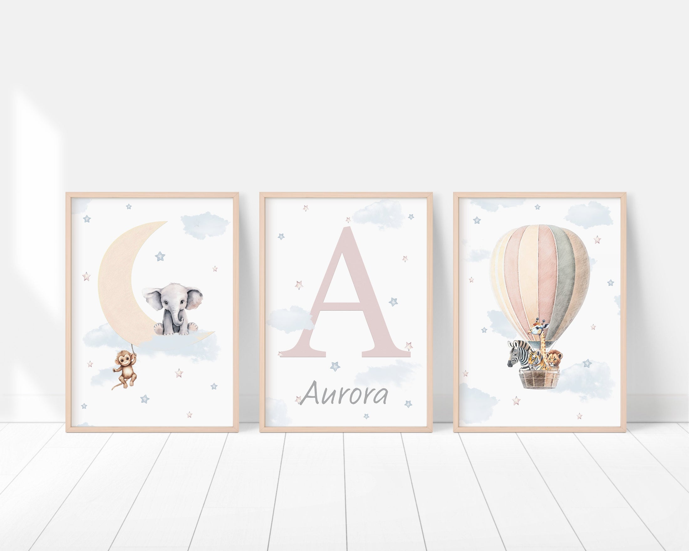 Personalised Name Print For Nursery, Safari Nursery Wall Art For Baby Girls Bedroom, Girls Nursery Decor, Hot Air Balloon Moon and Stars Art