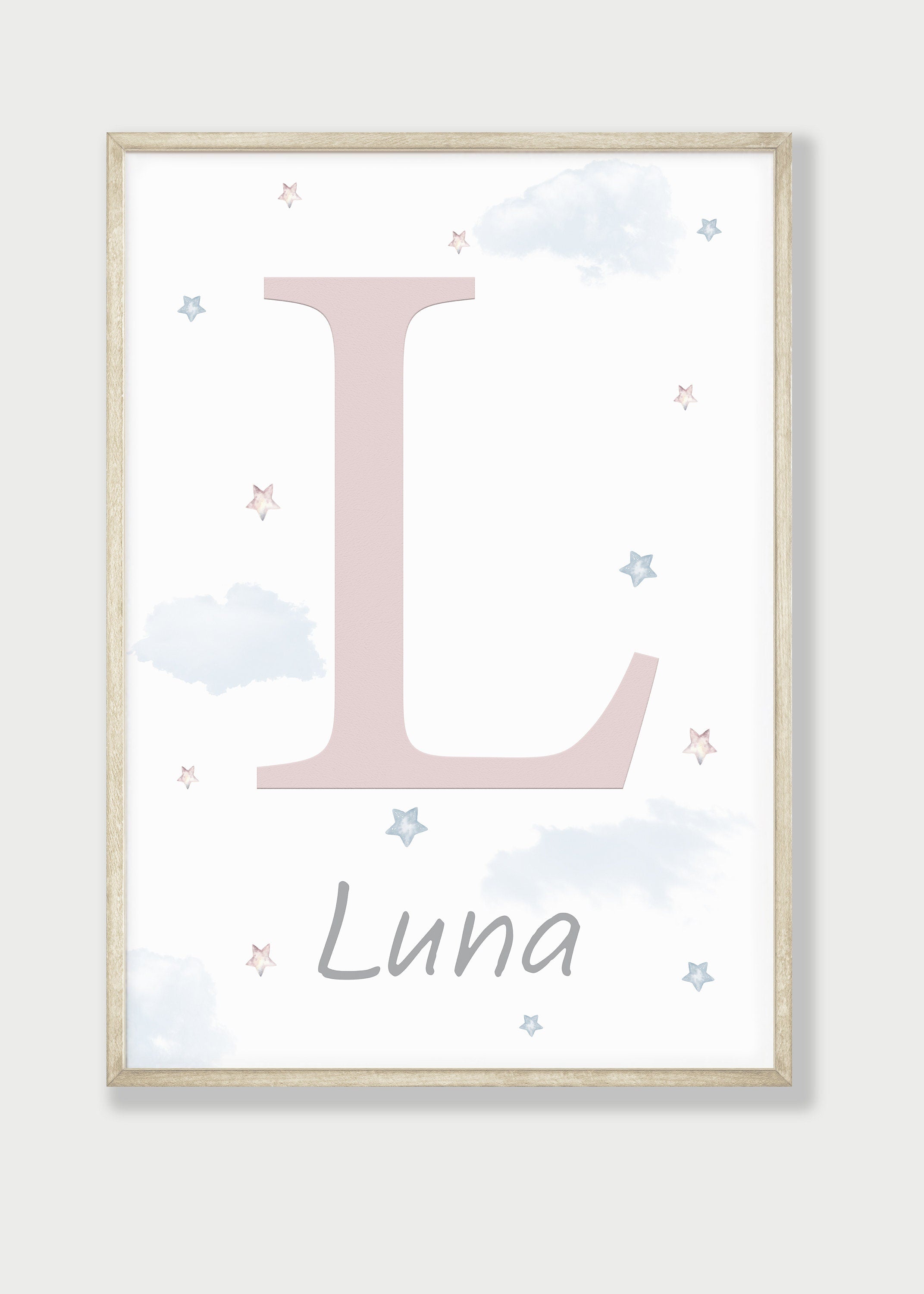 Personalised Name Print For Nursery, Safari Nursery Wall Art For Baby Girls Bedroom, Girls Nursery Decor, Hot Air Balloon Moon and Stars Art