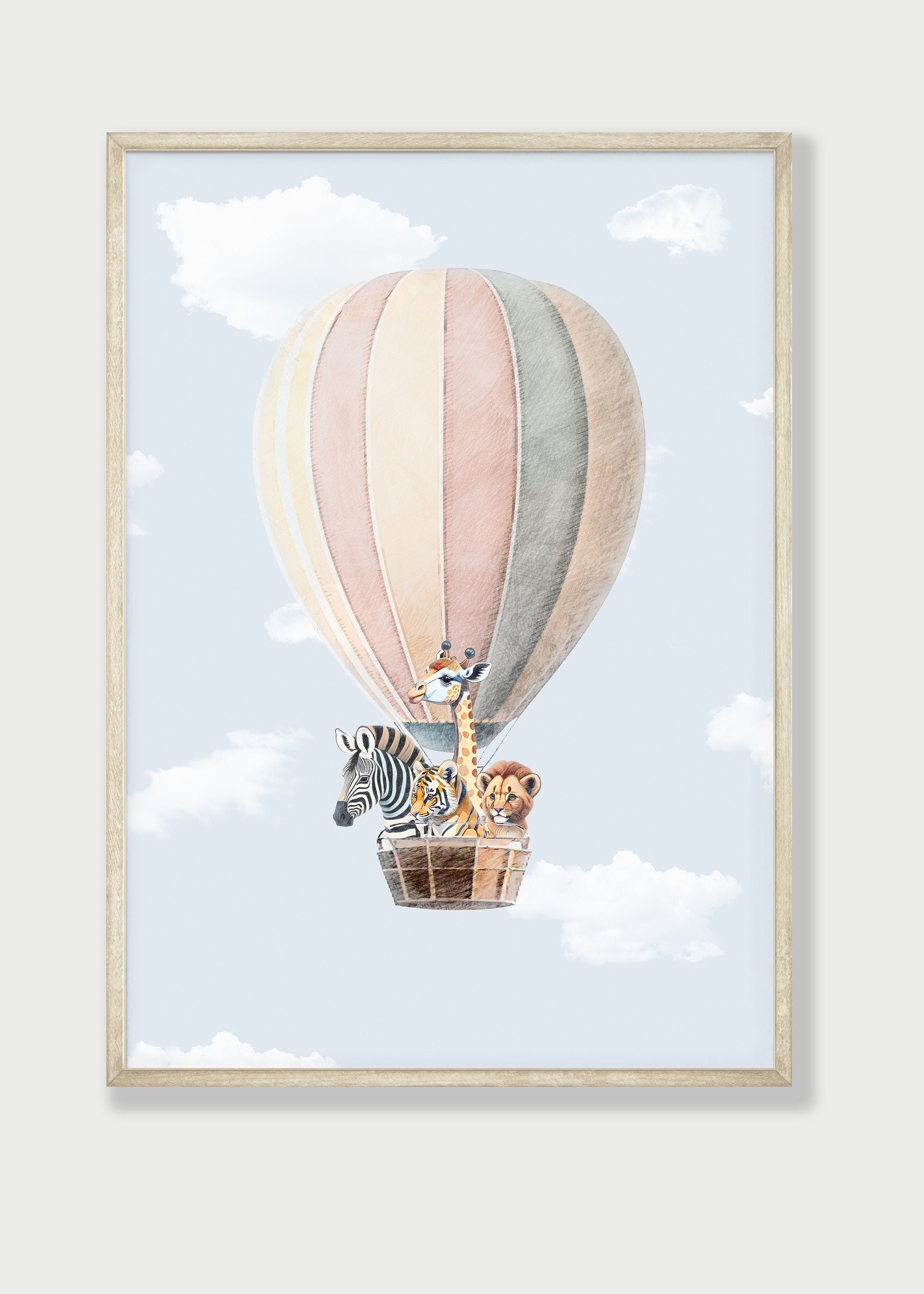 Safari Animal Prints For Nursery, Set Of 2 Rainbow Nursery Wall Art Prints For Babies Room, Neutral Nursery Decor, Hot Air Balloon Animals