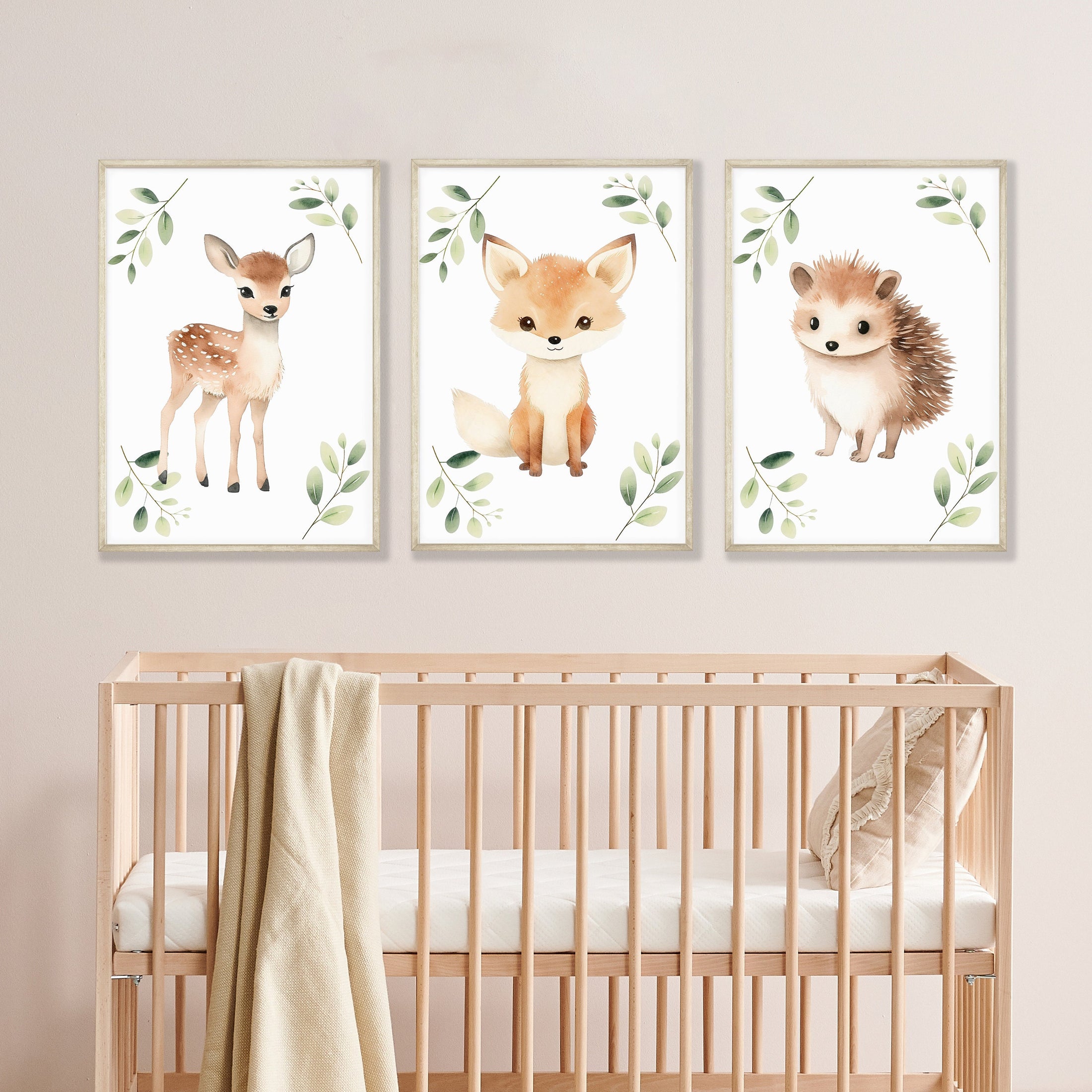 Woodland Animal Nursery Wall Prints, Set of 3, Forest Theme Decor For Babies Bedroom, Neutral Nursery Animal Wall Art, Botanical Playroom