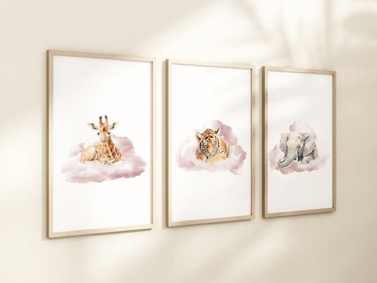 Safari Animal Prints For Nursery, Set Of 3 Safari Animal Nursery Wall Art Prints For Baby Boys Room, Neutral Nursery Decor, Cloud Wall Art