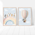 Load image into Gallery viewer, Safari Animal Prints For Nursery, Set Of 2 Rainbow Nursery Wall Art Prints For Babies Room, Neutral Nursery Decor, Hot Air Balloon Animals
