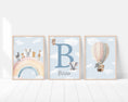 Load image into Gallery viewer, Personalised Name Print For Nursery, Safari Nursery Wall Prints For Baby Bedroom, Girls Rainbow Print, Hot Air Balloon Wall Art, Set of 3
