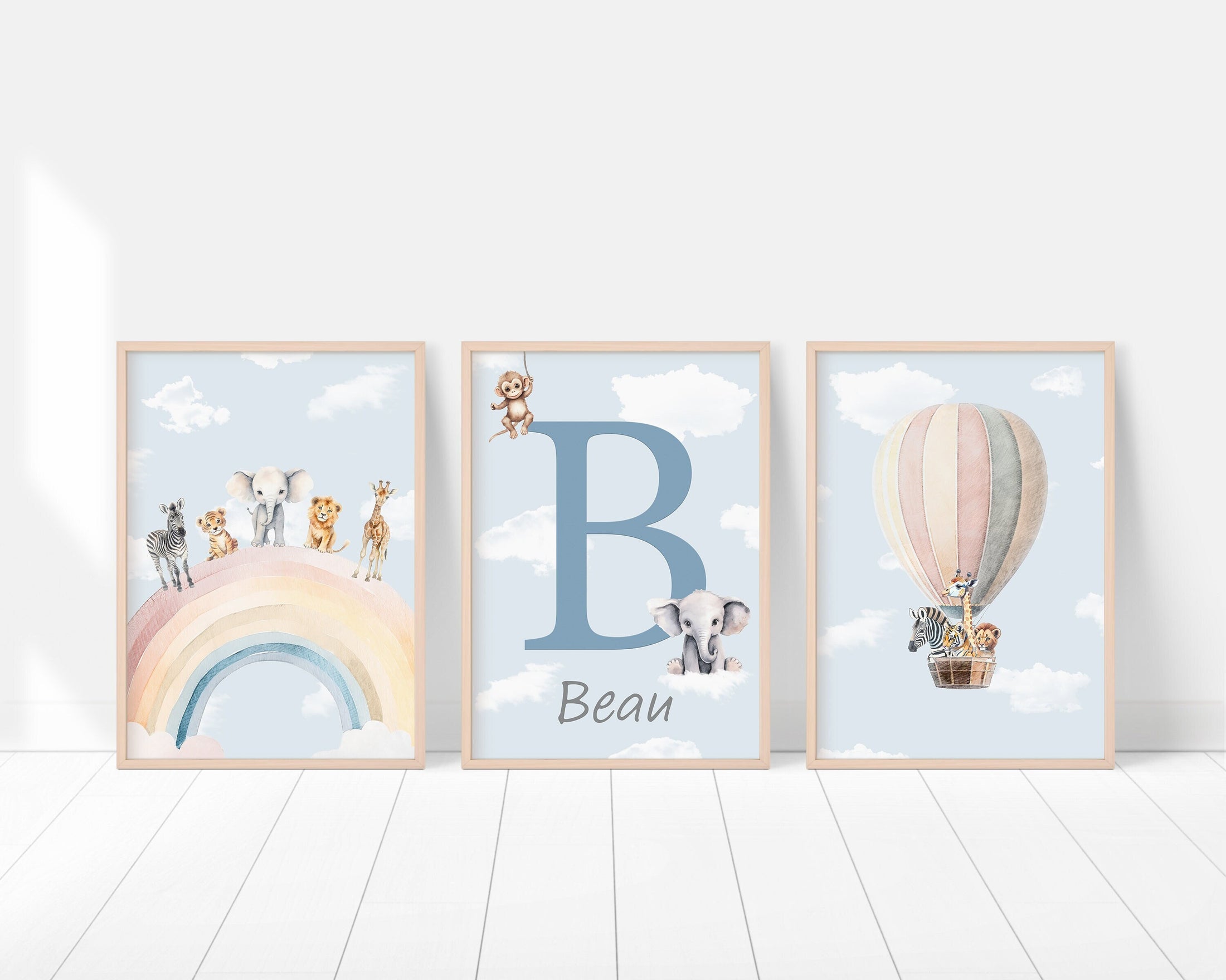Personalised Name Print For Nursery, Safari Nursery Wall Prints For Baby Bedroom, Girls Rainbow Print, Hot Air Balloon Wall Art, Set of 3