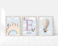 Load image into Gallery viewer, Personalised Name Print For Nursery, Safari Nursery Wall Prints For Baby Boy Bedroom, Rainbow Playroom, Hot Air Balloon Wall Art, Set of 3
