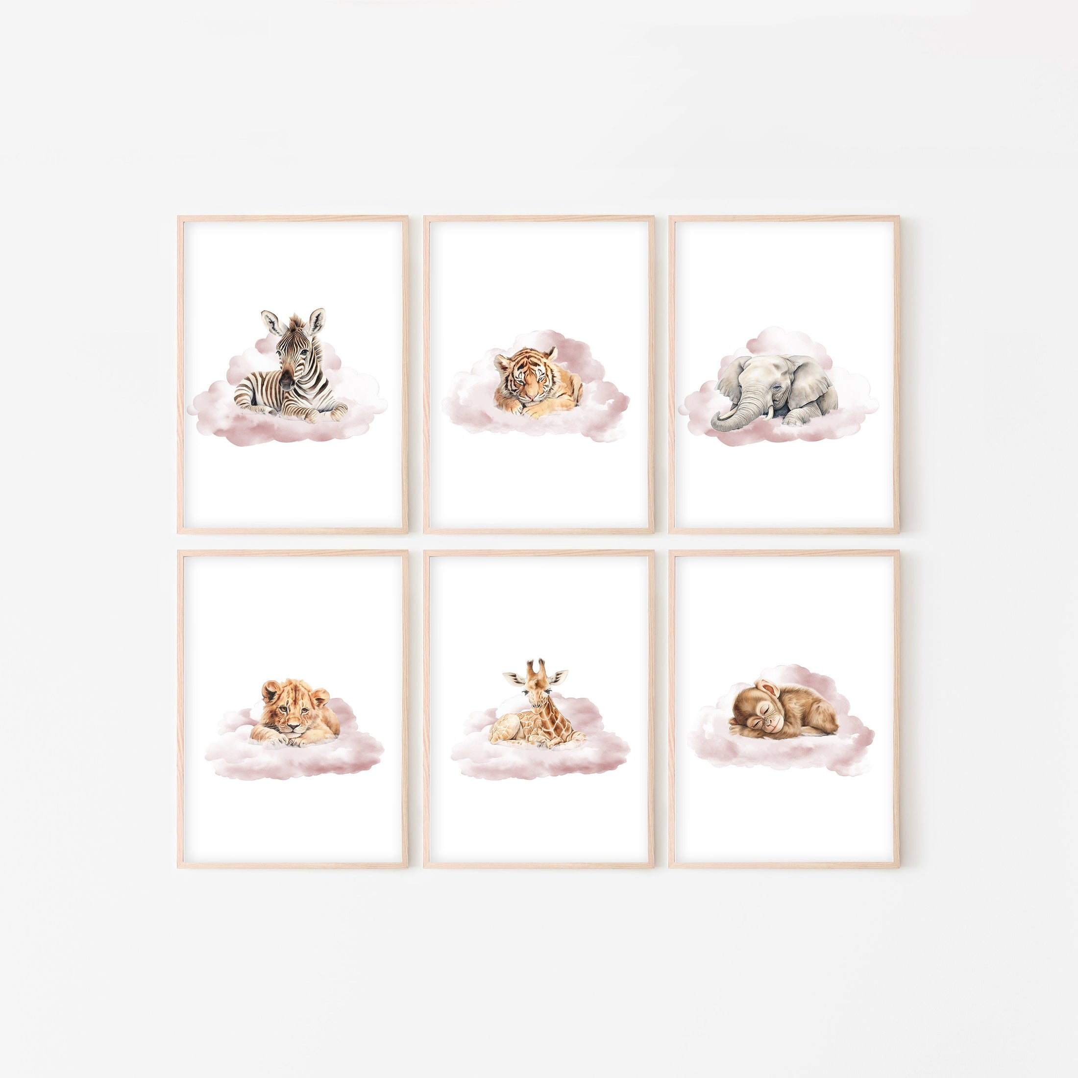 Safari Animal Prints For Nursery, Set Of 6 Safari Theme Nursery Wall Art Prints For Baby Room, Neutral Nursery Decor, Pink Blue Beige Stars