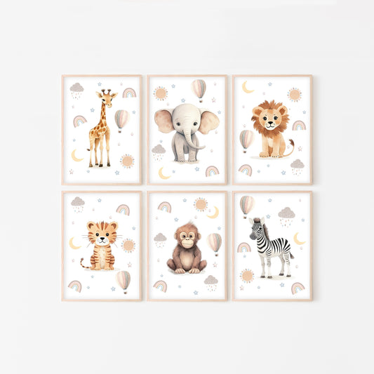 Safari Animal Prints For Nursery, Set Of 6, Boho Nursery Wall Art Prints For Babies Room, Neutral Nursery Decor, Animal Pictures Wall Art
