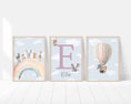 Load image into Gallery viewer, Personalised Name Print For Nursery, Safari Nursery Wall Prints For Baby Bedroom, Girls Rainbow Print, Hot Air Balloon Wall Art, Set of 3
