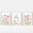 Load image into Gallery viewer, Personalised Wildflower Set Of 3 Nursery Wall Art Prints For Girls Room, Botanical Girl Bedroom, Pink Floral Decor, Custom Initial Print
