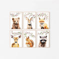 Load image into Gallery viewer, set of 6 woodland animal prints with pink blossom background, including a bear, fox, rabbit, deer, squirrel and racoon
