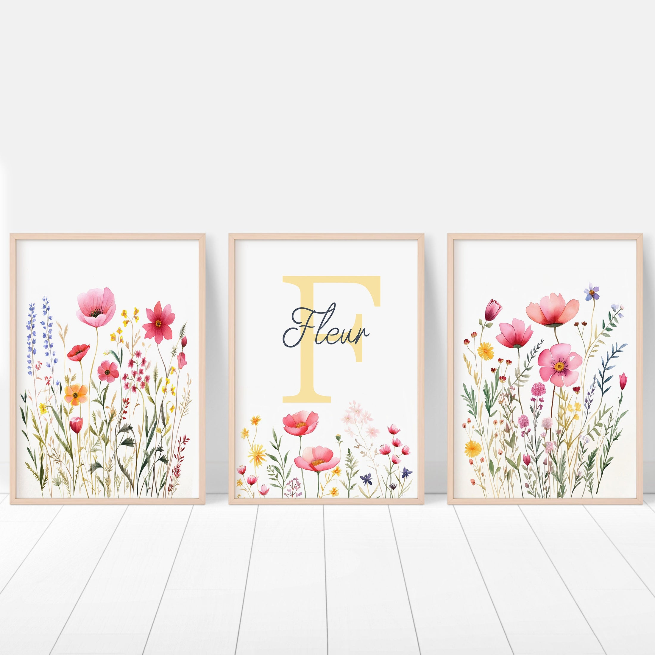 Personalised Wildflower Set Of 3 Nursery Wall Art Prints For Girls Room, Botanical Girl Bedroom, Pink Floral Decor, Custom Initial Print