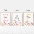 Load image into Gallery viewer, Personalised Wildflower Set Of 3 Nursery Wall Art Prints For Girls Room, Botanical Girl Bedroom, Pink Floral Decor, Custom Initial Print
