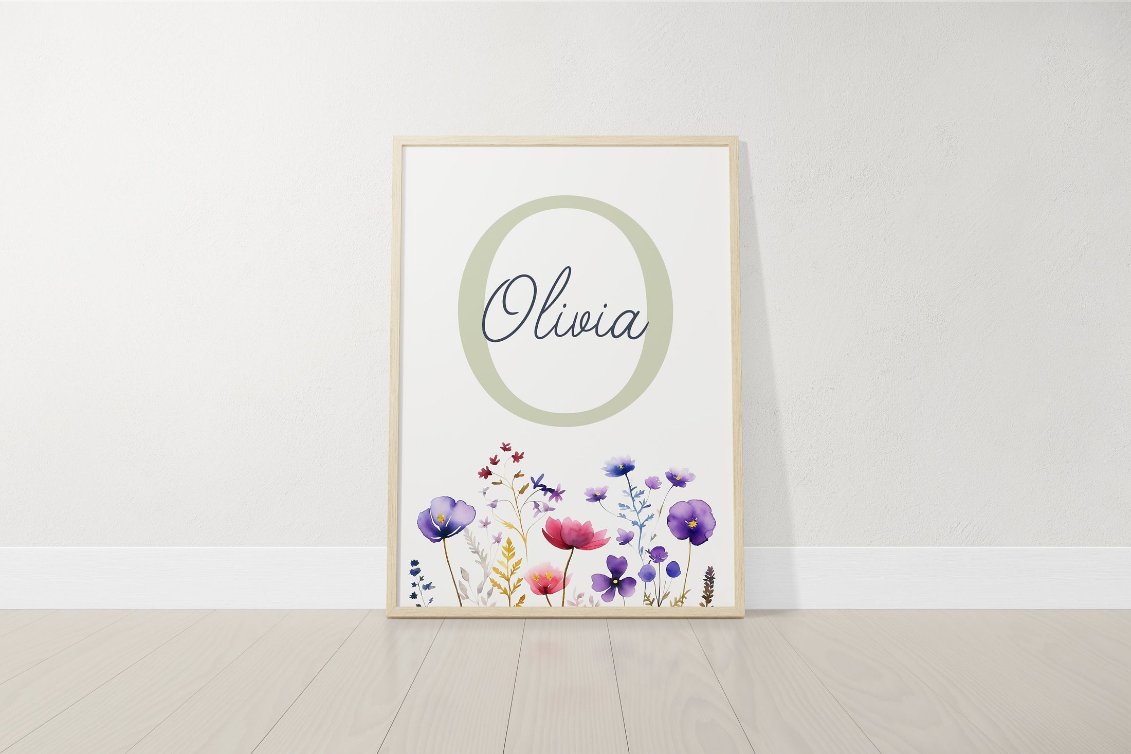 Personalised Wildflower Set Of 3 Nursery Wall Art Prints For Girls Room, Botanical Girl Bedroom, Purple Floral Decor, Custom Initial Print