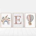 Load image into Gallery viewer, Personalised Name Safari Animal Prints, Boho Rainbow Nursery Wall Art, Set Of 3 Hot Air Balloon Pictures, Polka Dot Wall Art for Kids Room
