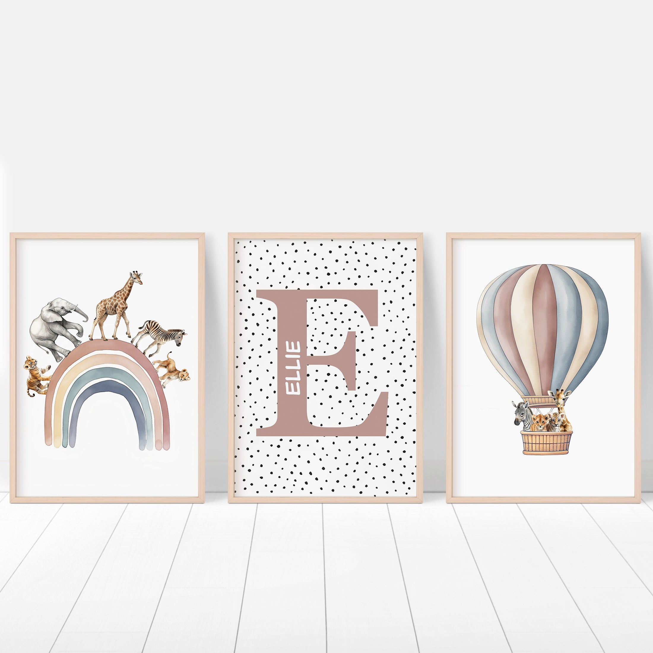 Personalised Name Safari Animal Prints, Boho Rainbow Nursery Wall Art, Set Of 3 Hot Air Balloon Pictures, Polka Dot Wall Art for Kids Room