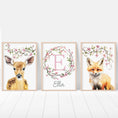 Load image into Gallery viewer, Personalised Name Woodland Animal Nursery Set of 3 Wall Prints, Forest Theme Decor For Baby Girls Bedroom, Pink Blossom Floral Wall Art,
