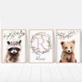 Load image into Gallery viewer, Personalised Name Woodland Animal Nursery Set of 3 Wall Prints, Forest Theme Decor For Baby Girls Bedroom, Pink Blossom Floral Wall Art,

