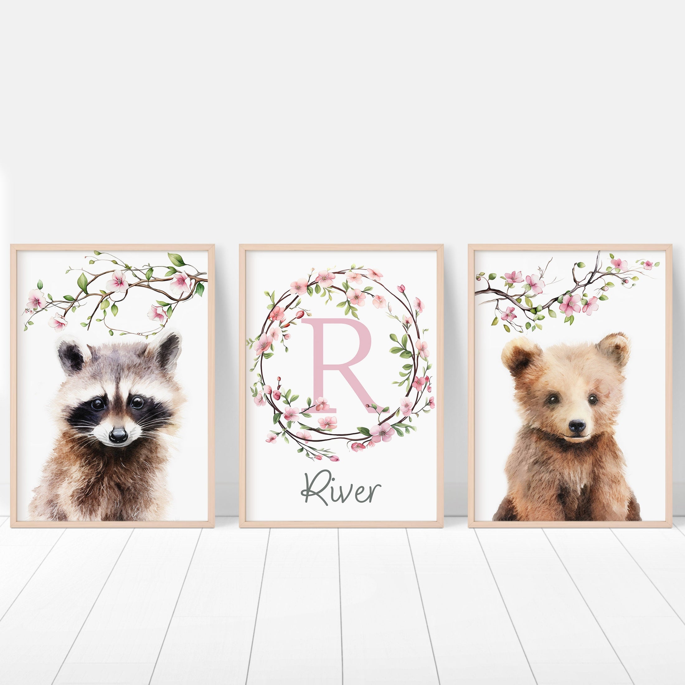 Personalised Name Woodland Animal Nursery Set of 3 Wall Prints, Forest Theme Decor For Baby Girls Bedroom, Pink Blossom Floral Wall Art,
