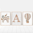 Load image into Gallery viewer, Personalised Name Safari Animal Prints, Boho Rainbow Nursery Wall Art, Set Of 3 Hot Air Balloon Pictures, Polka Dot Wall Art for Kids Room

