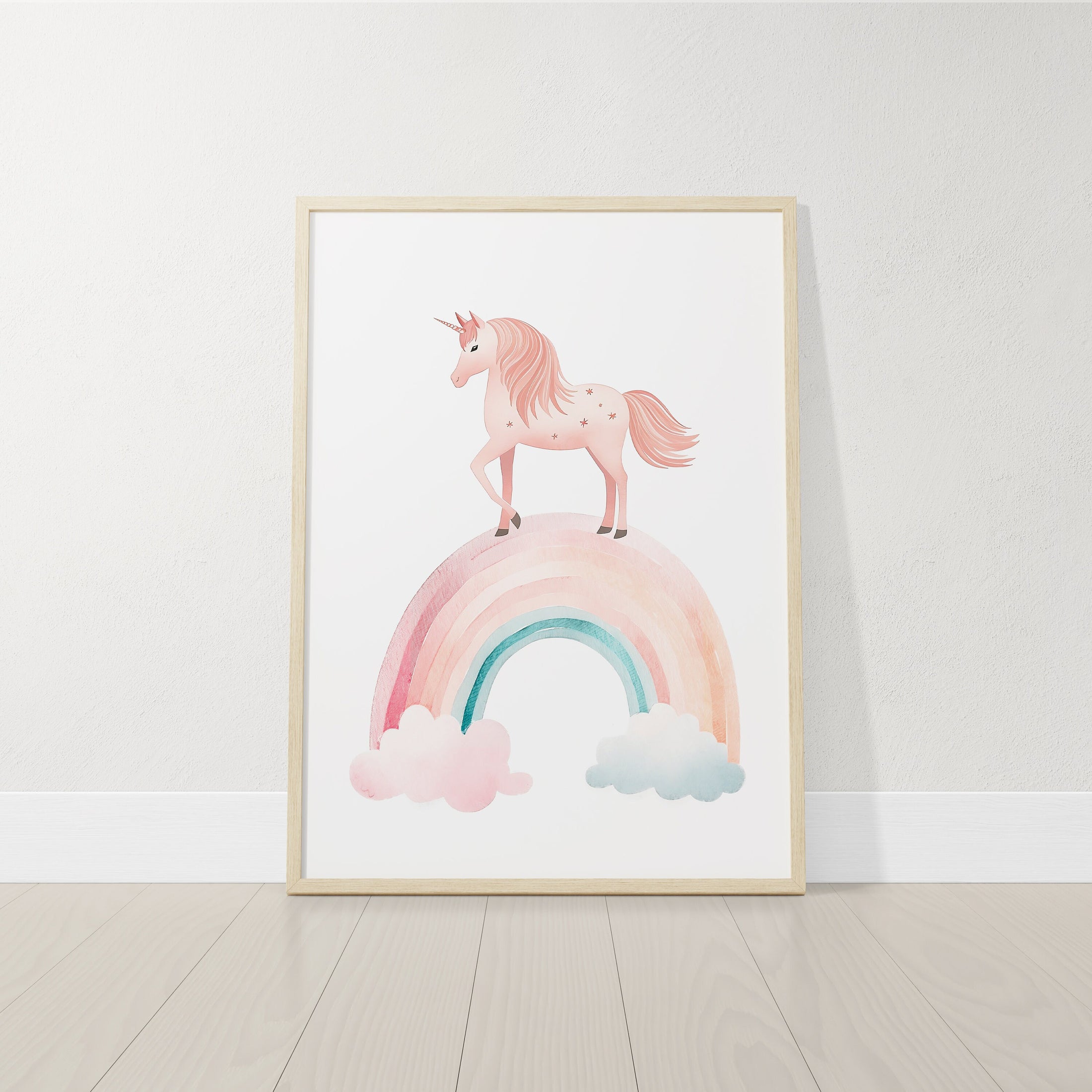 Set of 3 Pink Boho Unicorn Girls Nursery Prints, Rainbow, Sun and Moon Wall Art Prints, Pink Girls Bedroom Decor, Girls Playroom Posters
