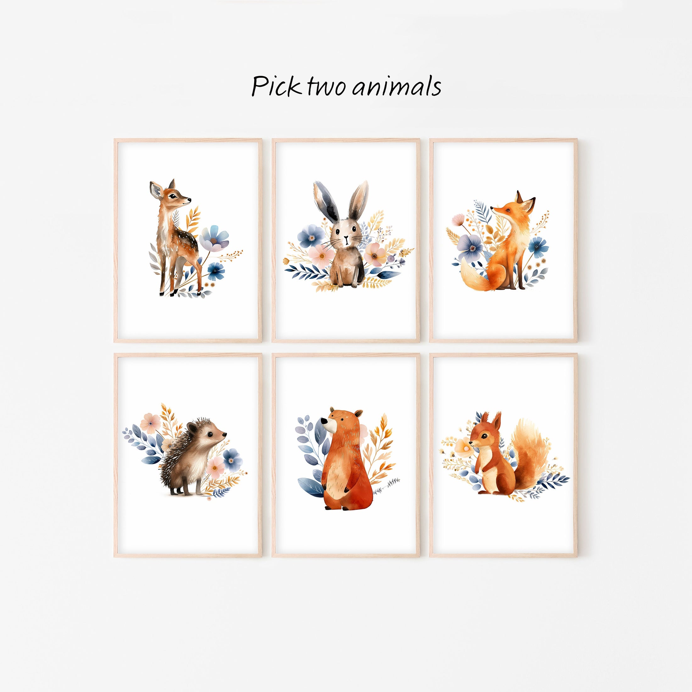 Personalised Name Wildflower Nursery Prints, Set of 3 Woodland Animal Wall Art for Baby Girls Bedroom, Floral Girls Boho Playroom Pictures