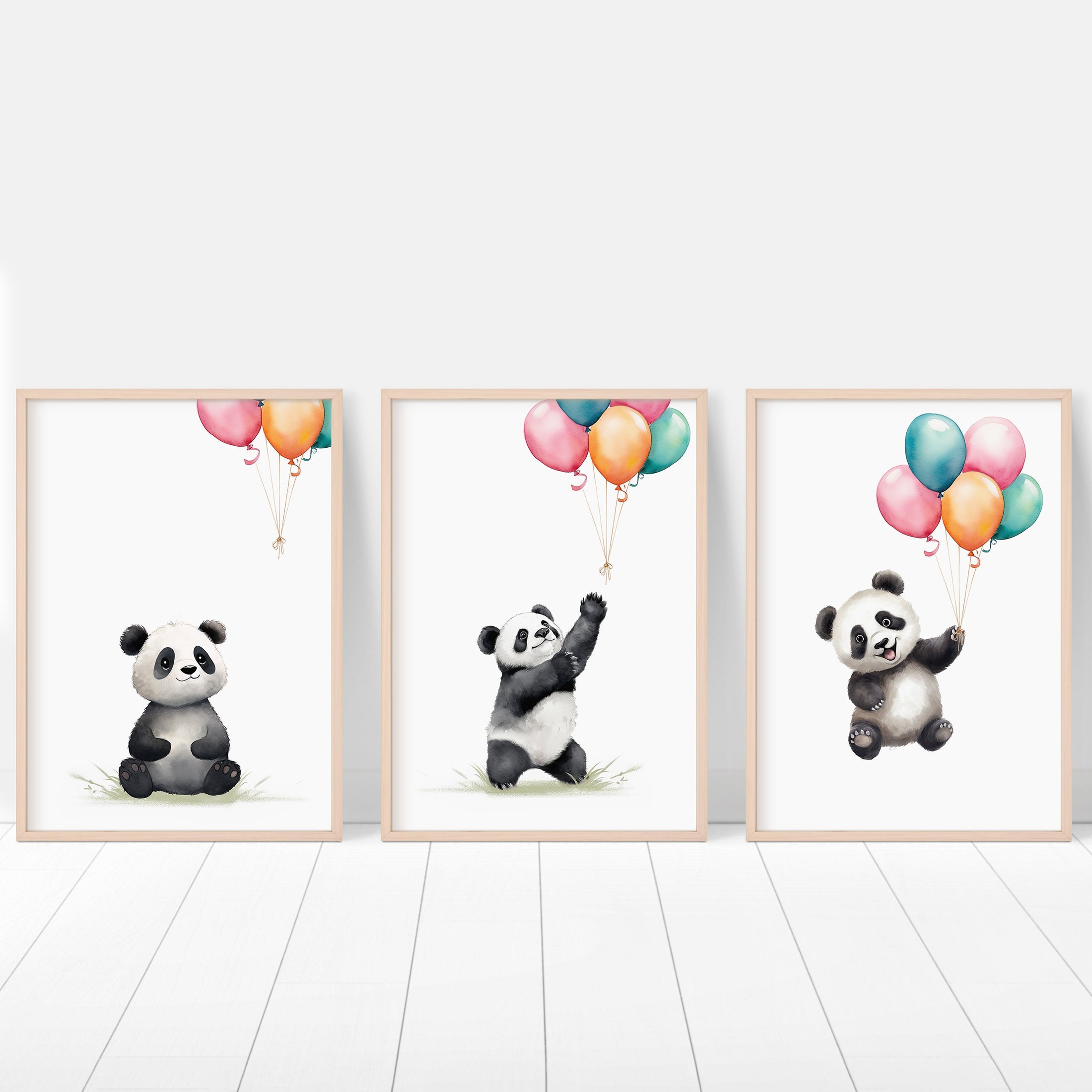 Set of 3 Nursery Wall Prints, Panda Bear Theme Decor For Babies Bedroom, Neutral Nursery Animal Wall Art, Playroom Pictures, Nursery Art