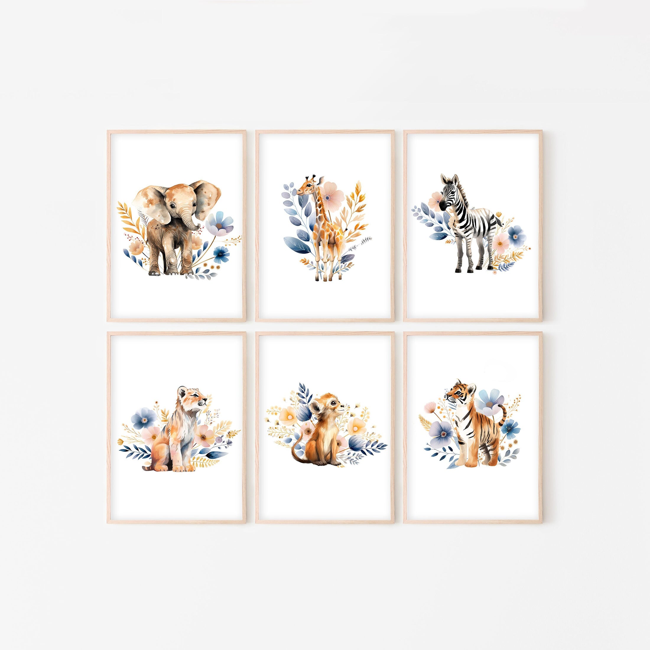 Safari Animal Prints For Nursery, Set Of 6 Boho Wildflower Safari Nursery Wall Art for Baby Girl Room, Floral Nursery Decor, Animal Pictures