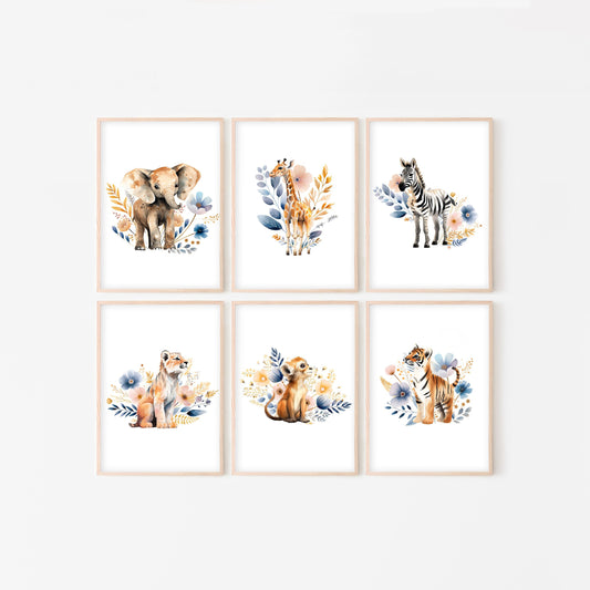 Safari Animal Prints For Nursery, Set Of 6 Boho Wildflower Safari Nursery Wall Art for Baby Girl Room, Floral Nursery Decor, Animal Pictures
