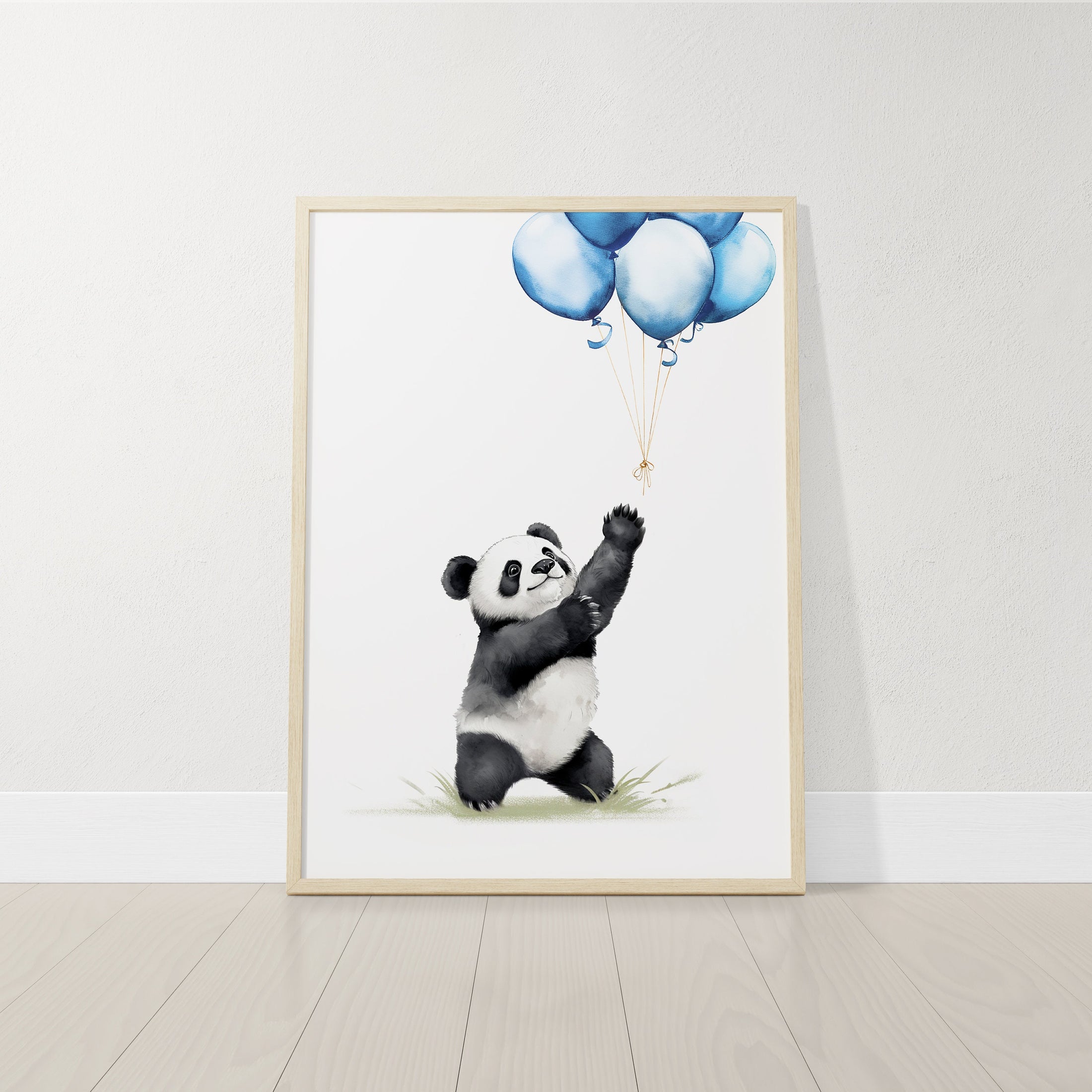 Set of 3 Nursery Wall Prints, Panda Bear Theme Decor for Baby Boys Bedroom, Blue Kids room Wall Art, Playroom Pictures, Balloon Wall Art