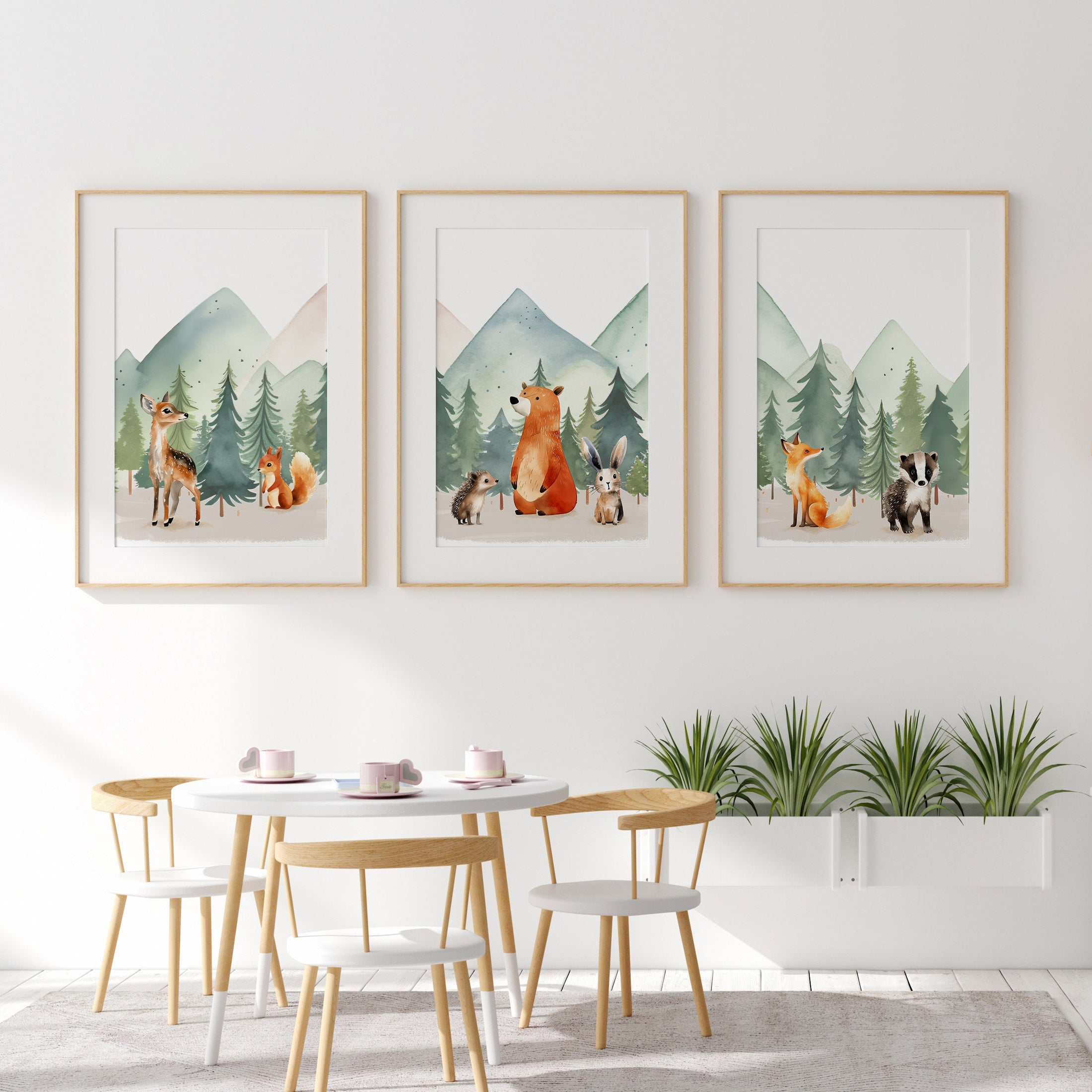 Set Of 3 Woodland Animal Nursery Prints, Green Forest Bedroom Decor Wall Art, Unisex Adventure Outdoor Playroom Posters, Mountain Pictures