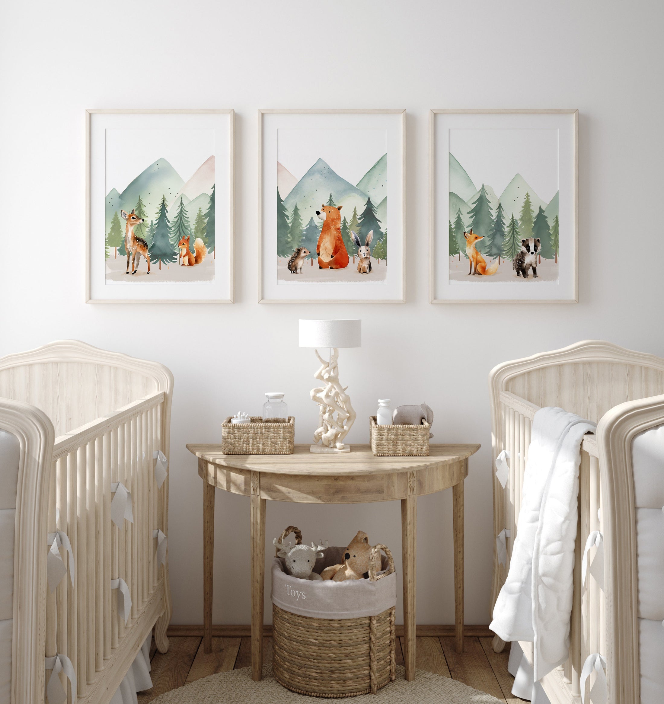 Set Of 3 Woodland Animal Nursery Prints, Green Forest Bedroom Decor Wall Art, Unisex Adventure Outdoor Playroom Posters, Mountain Pictures