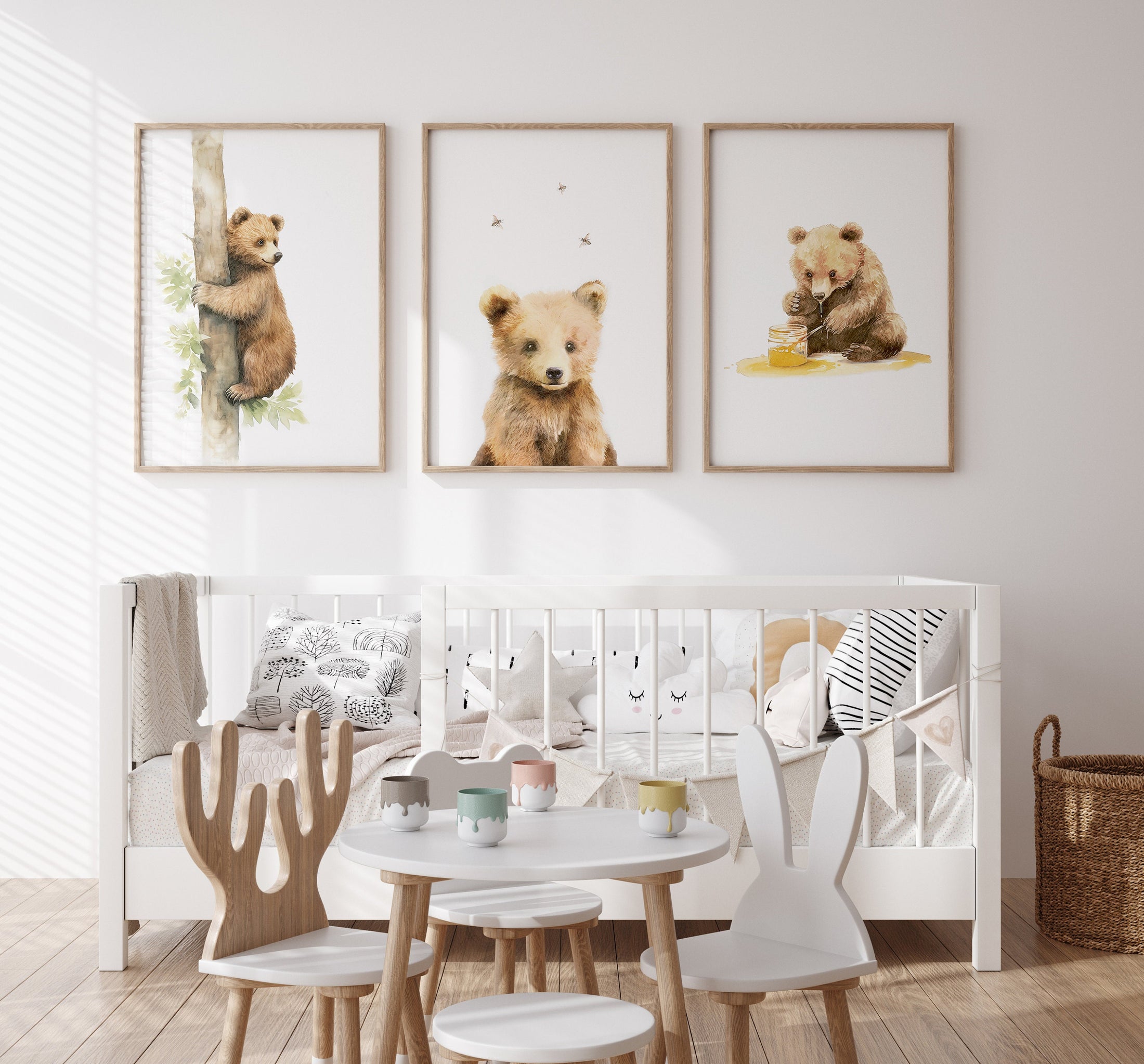 Set of 3 Nursery Wall Prints, Bear Theme Decor For Babies Bedroom, Neutral Nursery Animal Wall Art, Playroom Pictures, Bee Nursery Art