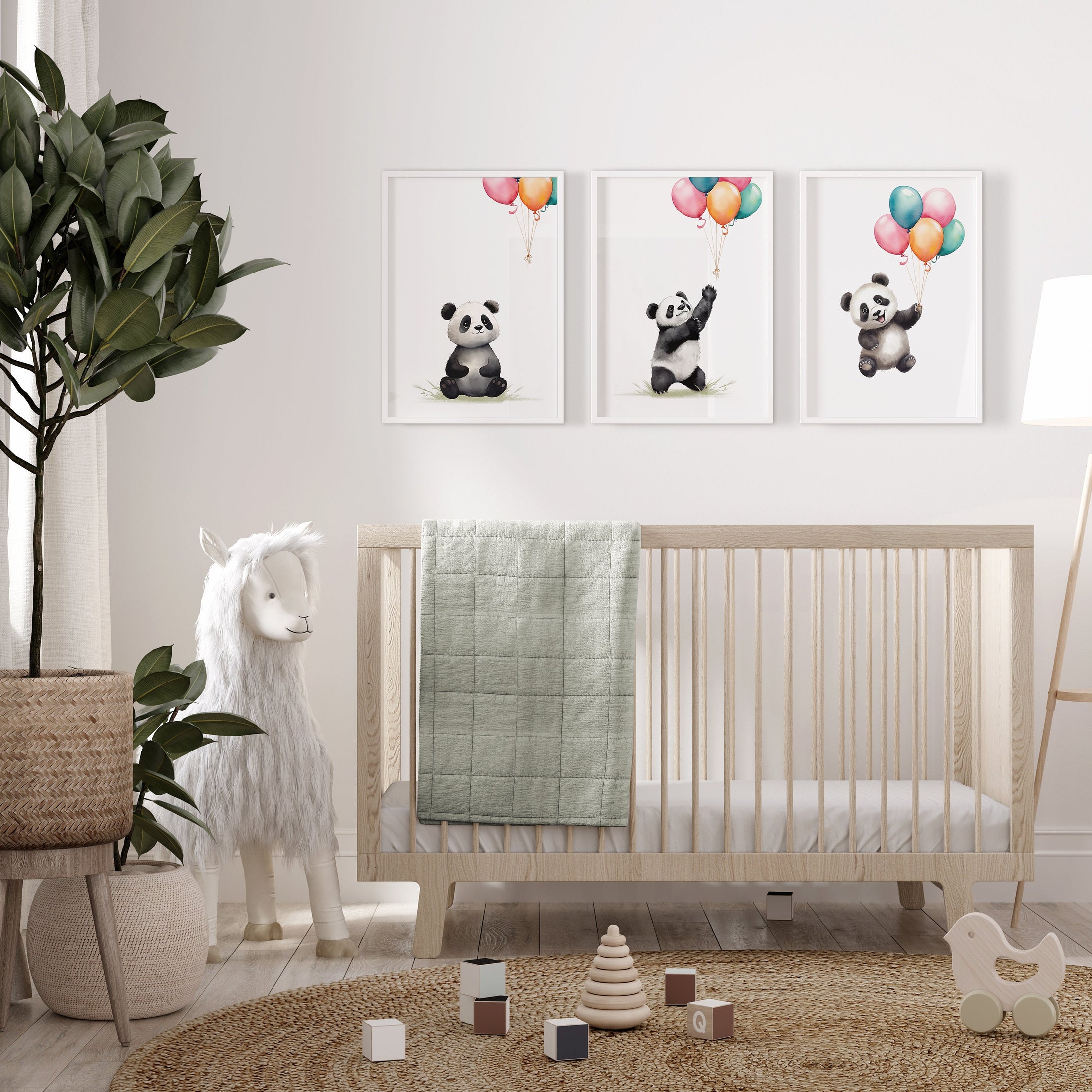 Set of 3 Nursery Wall Prints, Panda Bear Theme Decor For Babies Bedroom, Neutral Nursery Animal Wall Art, Playroom Pictures, Nursery Art