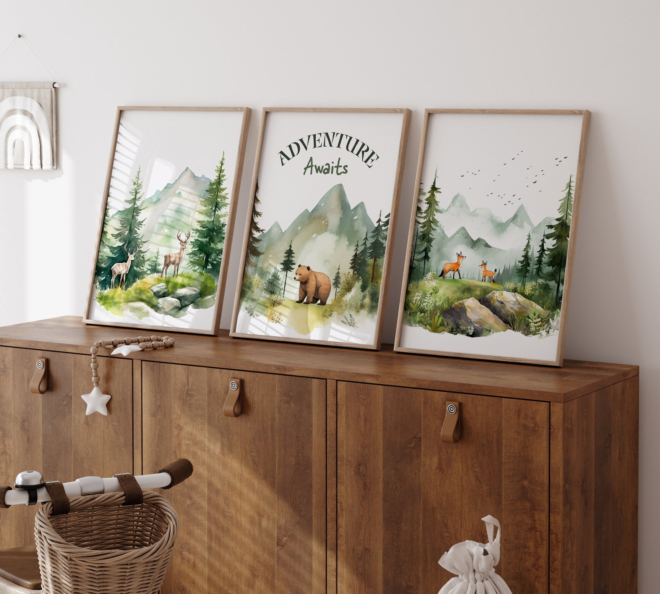 Set Of 3 Mountain Nursery Prints, Forest Decor, Green Bedroom Wall Art, Unisex Adventure Awaits Playroom Posters, Woodland Animal Pictures