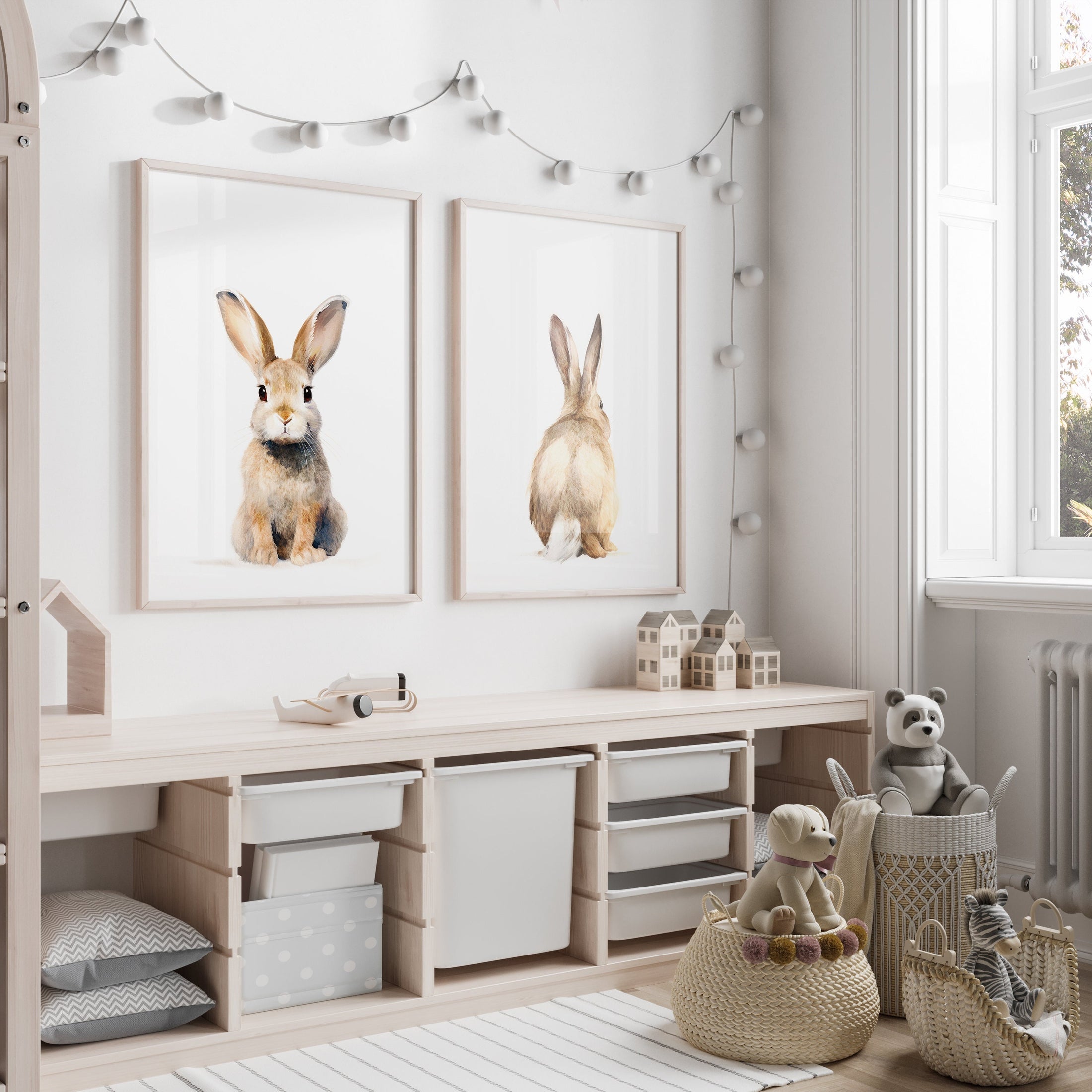 Bunny Prints For Nursery, Set Of 2 Rabbit Nursery Wall Art Prints For Babies Room, Neutral Nursery Decor, Rabbit Nursery Decor Wall Art