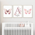 Load image into Gallery viewer, Personalised Pink Butterflies Set Of 3 Nursery Wall Art For Baby Girls Room, Custom Bedroom Prints, Pink Playroom Decor, Butterfly Poster
