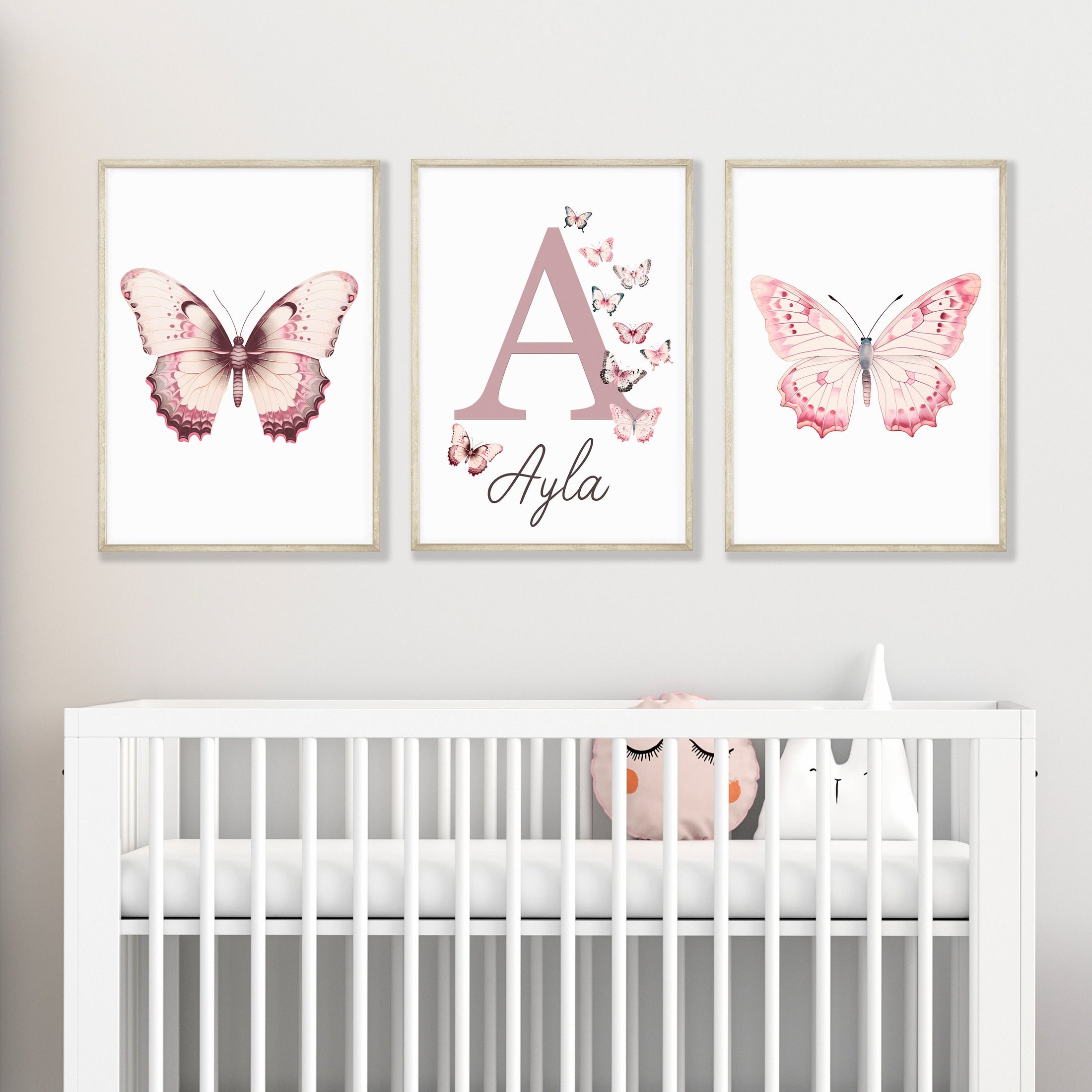 Personalised Pink Butterflies Set Of 3 Nursery Wall Art For Baby Girls Room, Custom Bedroom Prints, Pink Playroom Decor, Butterfly Poster