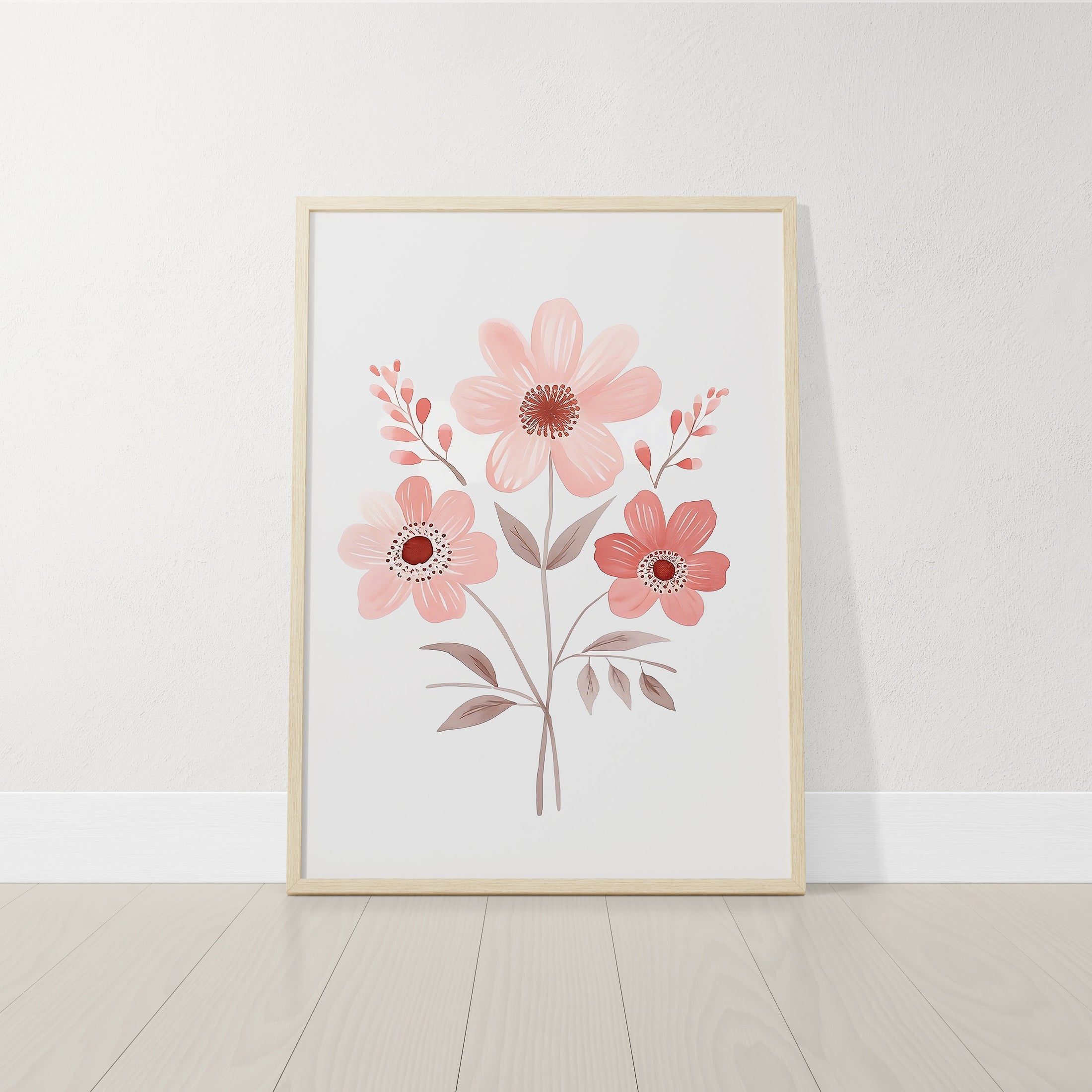 a picture of pink flowers on a white wall